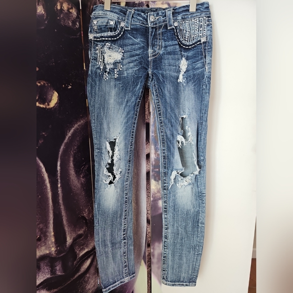 MISS ME Cuffed Skinny Distressed Bling Signature Rise‎ Stretch Jeans Size 28